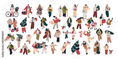 Tiny people walking outdoors on winter holiday. Christmas characters on street, men and women with gifts, shopping bags, Xmas trees, dogs, kids. Flat vector illustrations isolated on white background.