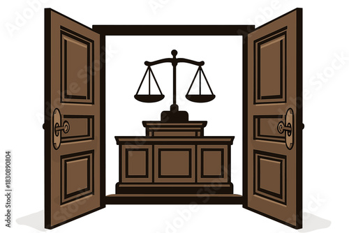 Open courtroom doors revealing the judge's bench and scales of justice symbol