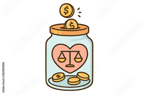 Glass savings jar receiving dollar coins featuring a heart shape and scales of justice icon