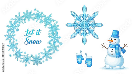 Frozen Christmas vector elements with snowflake wreath, snowman, and mittens for winter holiday design