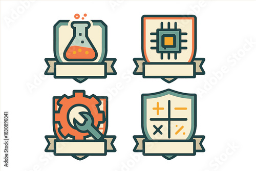 Academic subject badges representing STEM fields: science, technology, engineering, and math