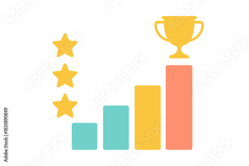 Colorful bar chart displaying ranking, achievement, and success with a golden trophy and rating stars