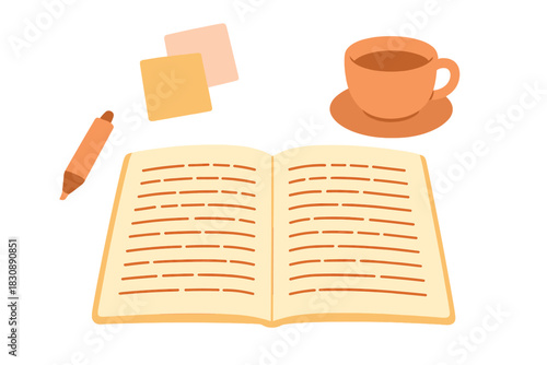 Cozy desk setup with open journal, coffee cup, highlighter pen, and sticky notes for planning