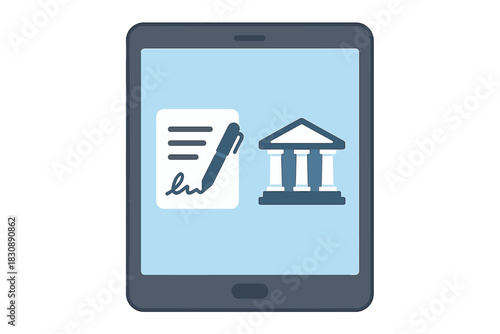 Digital contract signing and banking institution icon displayed on a tablet screen