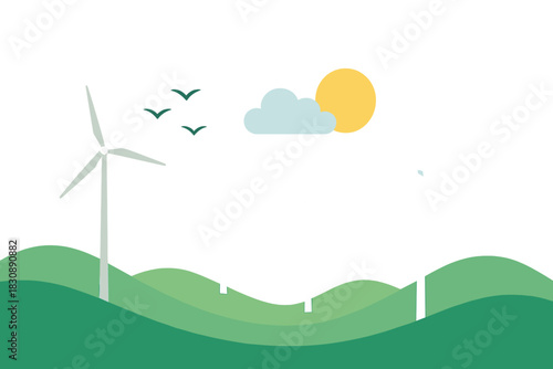 Wind turbines generating renewable power on rolling green hills landscape