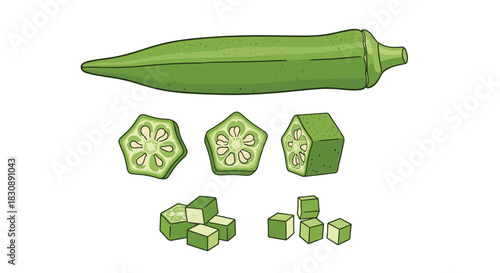 Detailed illustration of fresh green okra showing a whole pod, sliced cross-sections, and diced pieces, highlighting its culinary preparation.