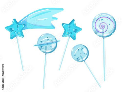 Sweet caramel candies - lollipops in the shape of stars, comets and planets on a white background. Assorted blue lollipops. Holiday sweets vector illustration on a white background	