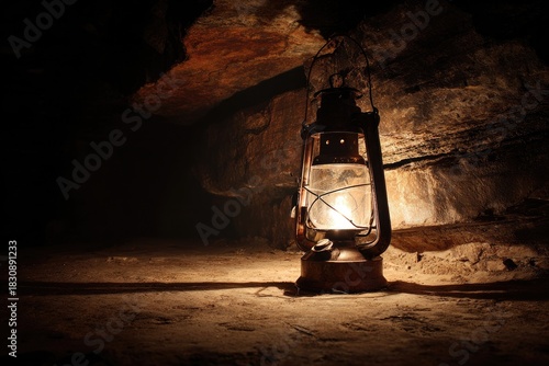 An antique oil lantern casts a warm glow, lighting a dark, rocky cave interior