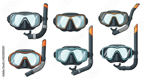 An illustration set of colorful snorkeling masks and snorkels, essential gear for diving, swimming, and exploring the underwater world.