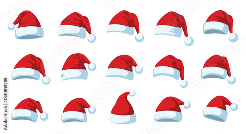 A festive collection of red Santa Claus hats with white trim and fluffy pom-poms, depicted in various styles and angles for holiday designs.