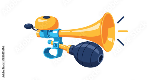 A whimsical illustration combining a bright yellow bicycle horn with a classic bell, emitting cheerful sound waves.