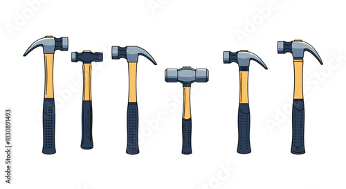 A diverse set of hand tools featuring claw, ball-peen, and sledge hammers with wooden handles and textured grips, on a white background.