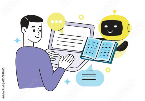 LLM training and machine learning vector. Human and ai robot assistant collaborating on laptop for digital learning and knowledge acquisition
