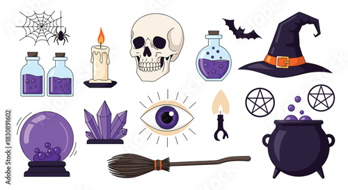 A vibrant illustration of various magical and spooky items, perfect for witchcraft and Halloween themes, featuring a witch hat, skull, potions, and crystals.