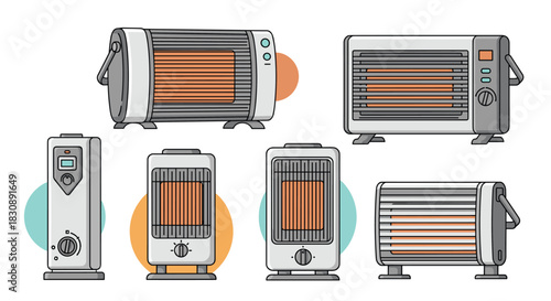 A collection of various household electric heaters for room warming, illustrated with a flat design style on a white background.
