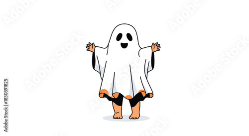 A cheerful child in a playful white ghost costume with orange accents, ready for Halloween festivities.