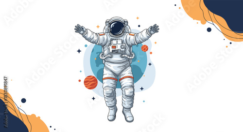 An adventurous astronaut floats gracefully in outer space with planets and stars, symbolizing human exploration and discovery.
