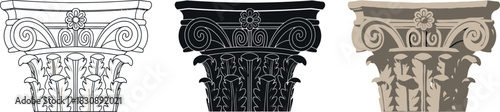 Set of Corinthian capital illustrations architectural design elements in different styles isolated on white background