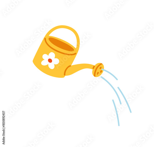 Watering can, pot with water sprinkler, nozzle, spout. Cute gardening tool with flower, sprinkling, pouring, spraying and drizzling for hydration. Flat vector illustration isolated on white background