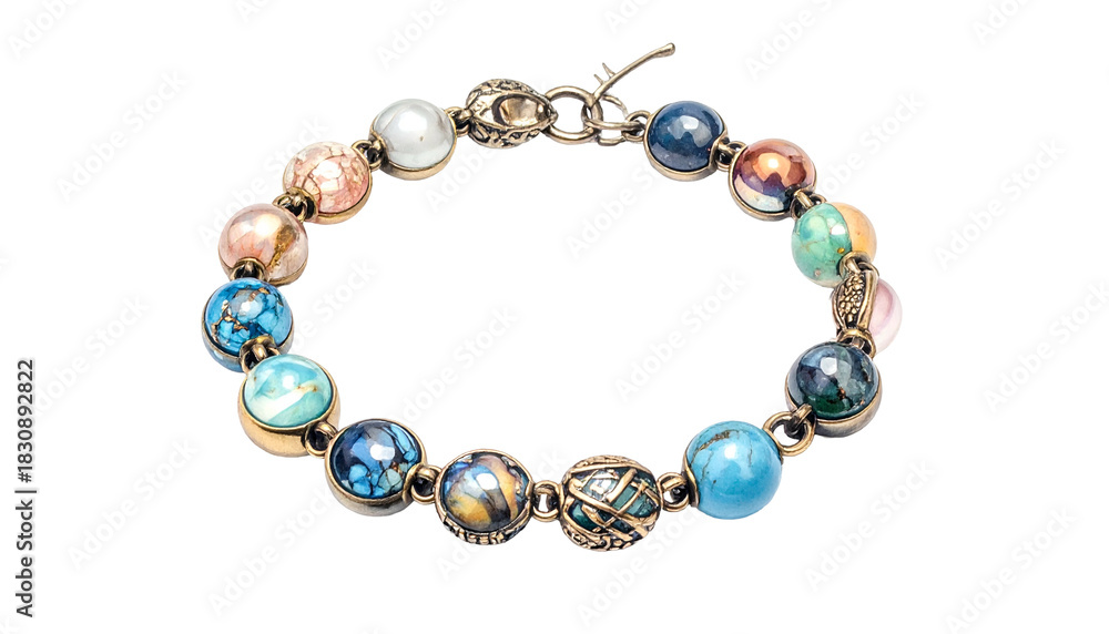 Obraz premium Beaded bracelet with diverse, colorful, spherical, gemstone beads