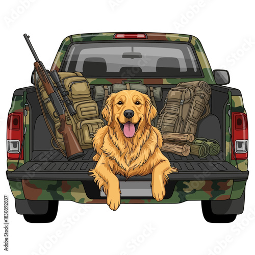 Happy golden retriever dog in camo pickup truck with hunting gear and rifle