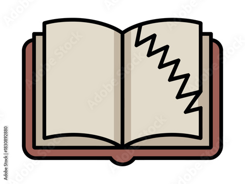 An open book with a torn page shows a zig-zag rip across the right side.