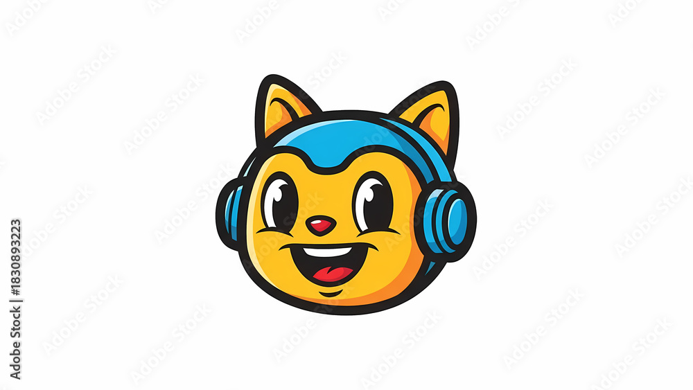 Fototapeta premium Vibrant cartoon cat character wearing bright blue headphones, smiling with a cheerful expression in bold outlined mascot style on a clean white background in digital illustration