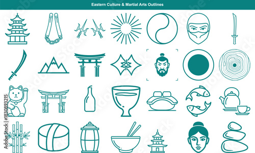 Outlines of diverse Eastern culture and martial arts symbols including pagoda, sushi, and ninja for education