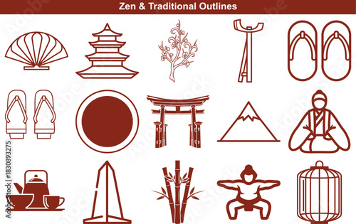 Set of minimalist line icons representing traditional Japanese elements and Zen philosophy concepts