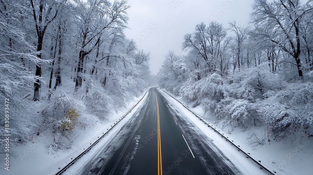 Naklejka premium Snow covered road cutting through a dense winter forest landscape