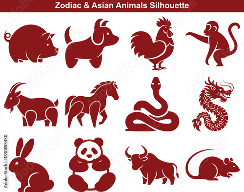 Stylized silhouettes of all twelve Chinese Zodiac animals for astrological and cultural designs