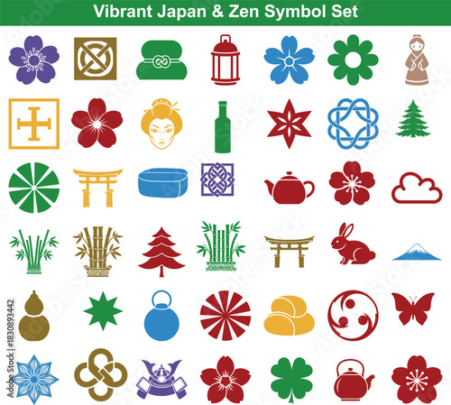 Vibrant colorful collection of Japanese and Zen culture symbols featuring flowers, pagodas, and geisha icons