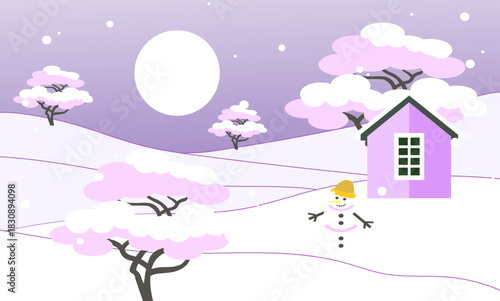 Winter wonderland with a charming little house, a smiling snowman, and softly falling snow under a pale moonlit sky, creating a serene and magical scene