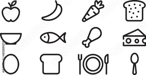 Food Icons Collection Featuring Apple Banana Fish Chicken Egg Cheese and Bread