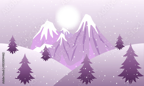 Winter wonderland scene with purple mountains and fir trees, snowing with a soft, dreamy aesthetic