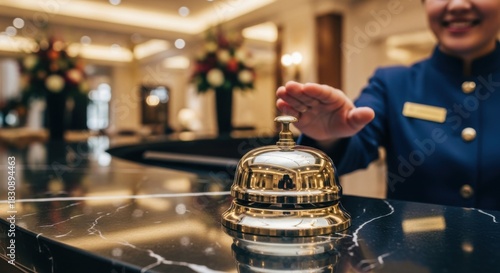 Hotel Receptionist Pressing Bell at Front Desk in Elegant Lobby