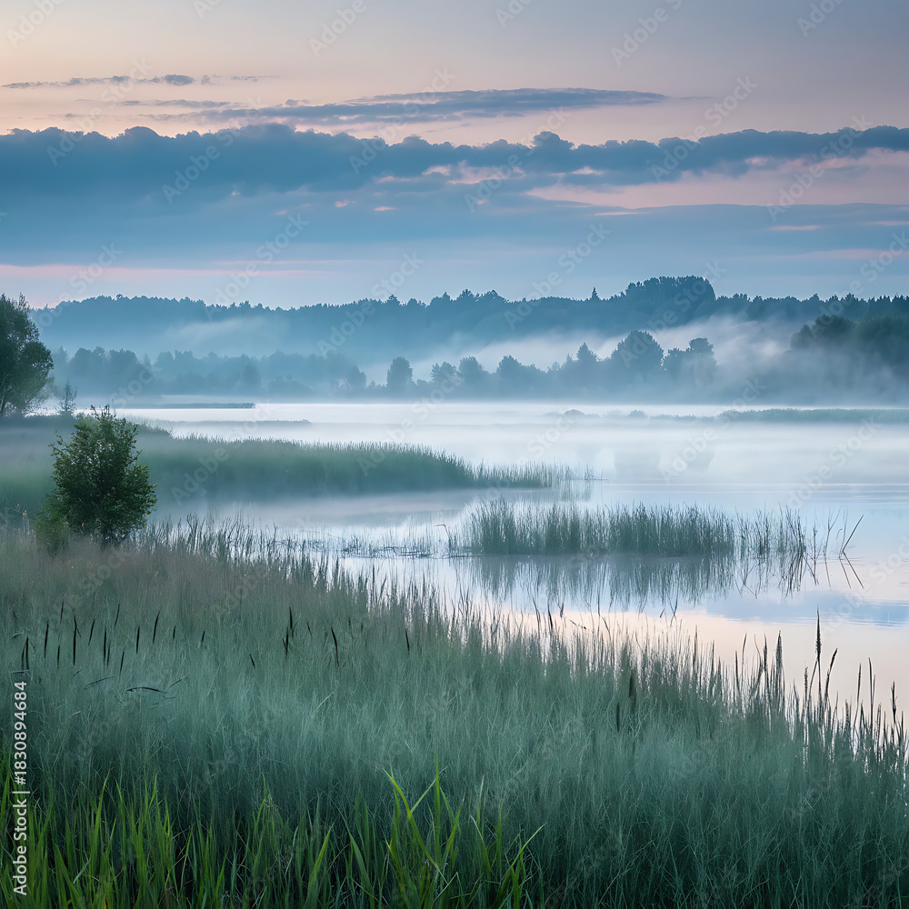 Fototapeta premium Misty morning natural landscape with calm lake, fog, and reeds.