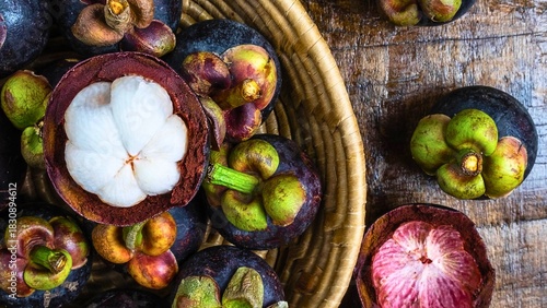 Photos Freshly cut mangosteen fruit in a woven basket
