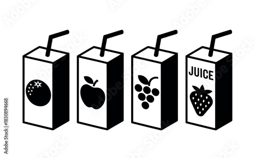 A collection of four juice boxes featuring different fruit illustrations and the word 'JUICE' on a white background.