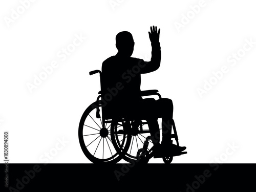 A silhouette of a person in a wheelchair waves hello against a white background with a black line representing the ground.