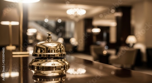 Elegant Hotel Reception Desk Bell in Luxurious Lobby with Soft Lighting and Comfortable Seating