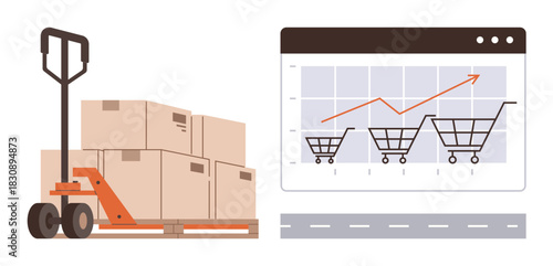 Warehouse pallet jack with cardboard boxes next to a growth chart featuring shopping carts and upward trend. Ideal for e-commerce, logistics, business growth, online shopping, inventory, sales