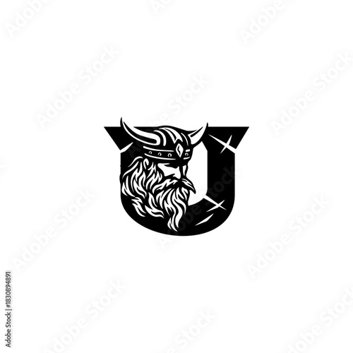 A fierce Viking head letter logo featuring a bold Nordic warrior shaped into an alphabet form, crafted with strong lines, modern style, and powerful identity for branding needs.