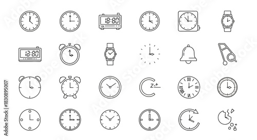 Illustrative Clock Icons Collection Alarm Clocks Watches Wall Clocks Time Symbols Modern Minimalist Digital Display