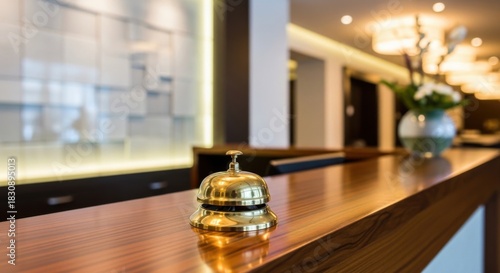 Elegant Gold Reception Bell on Wooden Counter in Modern Hotel Lobby