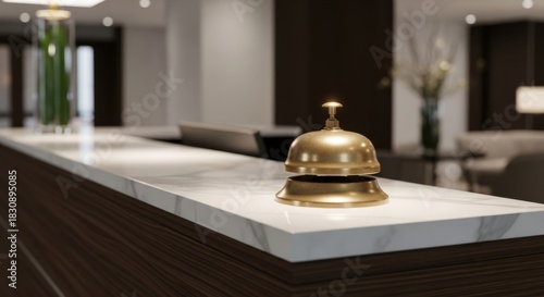 Elegant Modern Hotel Reception Desk with Brass Service Bell in Luxury Lobby
