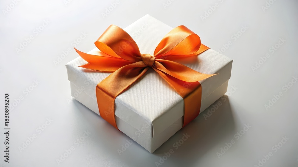 Fototapeta premium A beautifully wrapped white gift box with an orange ribbon tied in a elegant knot