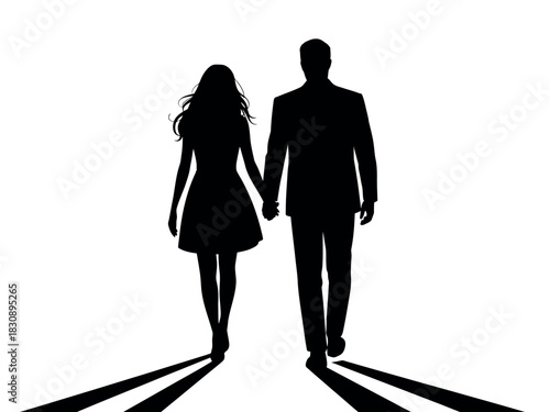 A silhouetted couple walks hand-in-hand casting long shadows on a bright, white background, symbolizing their shared journey and connection.