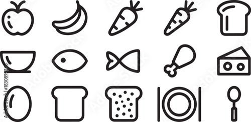 Food Icons Set Line Art Illustration Healthy Meal Preparation and Culinary Nutrition Concepts