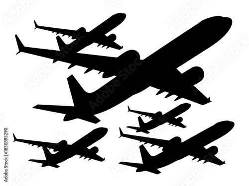 A fleet of airplanes are flying in formation against a white background.